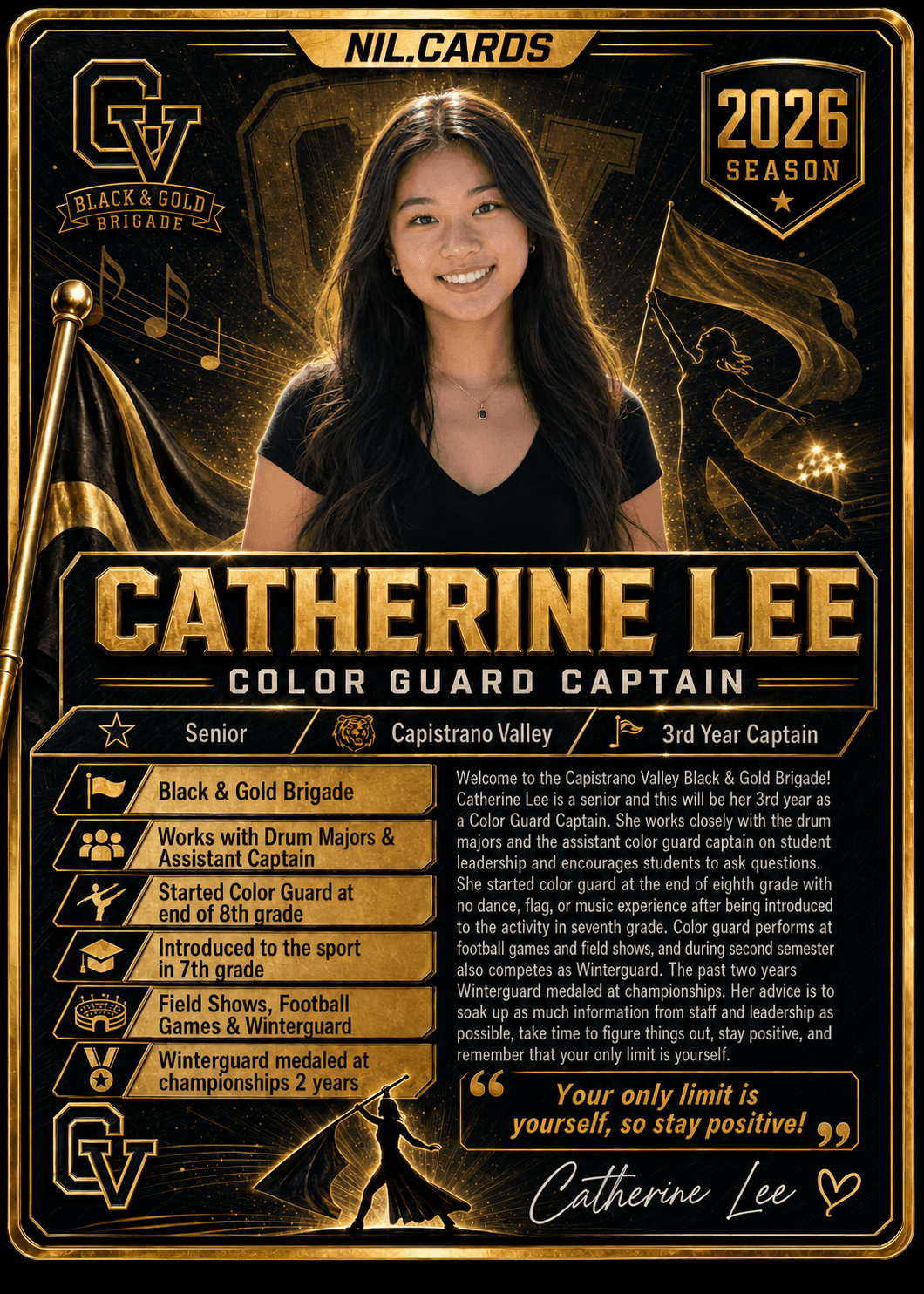 Catherine L. — Color Guard Captain, 2026 season card